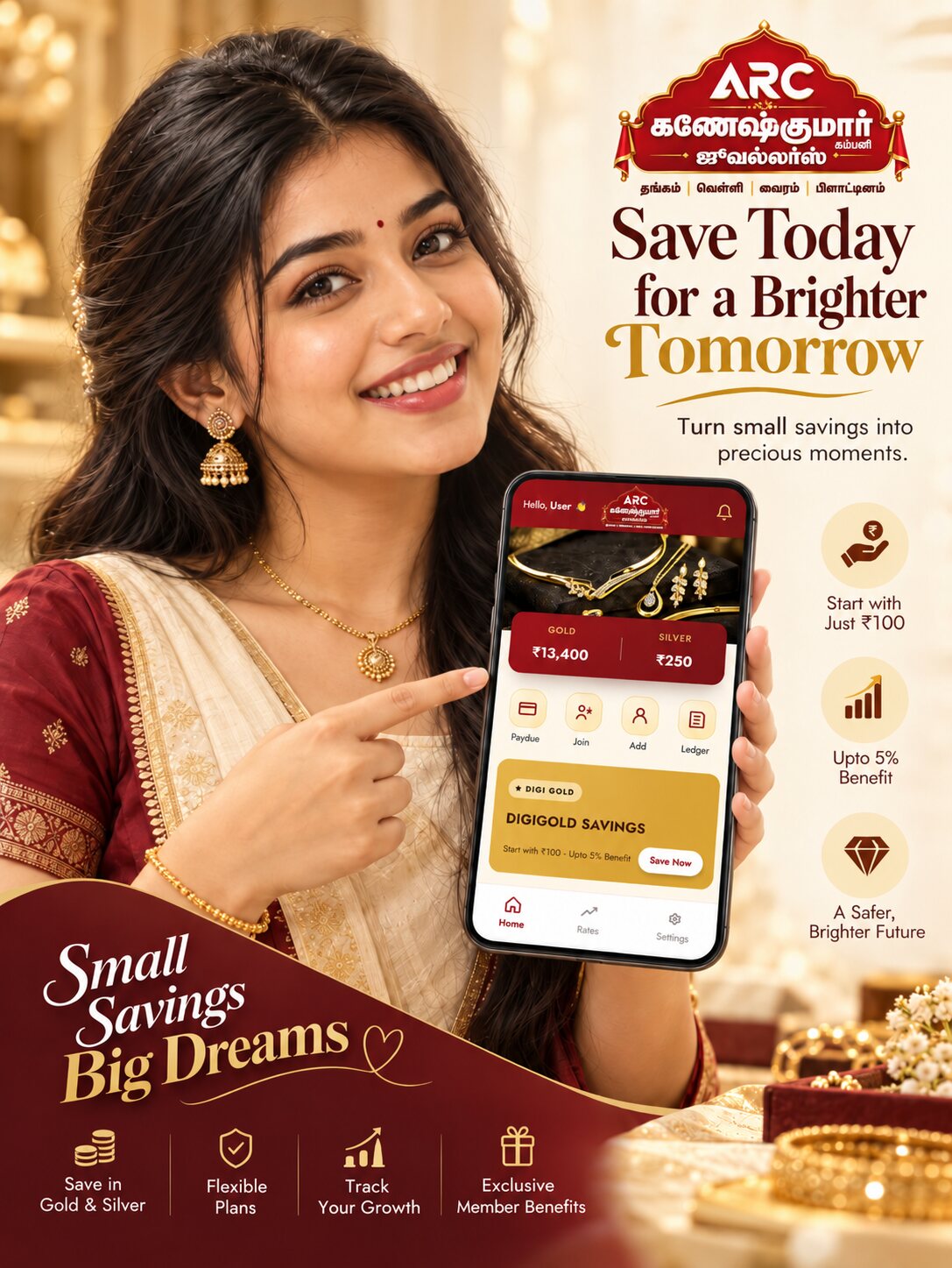 Smiling woman pointing to the ARC Ganesh Kumar Jewellers savings app on a phone: Save Today for a Brighter Tomorrow — start with just ₹100, up to 5% benefit, save in gold and silver