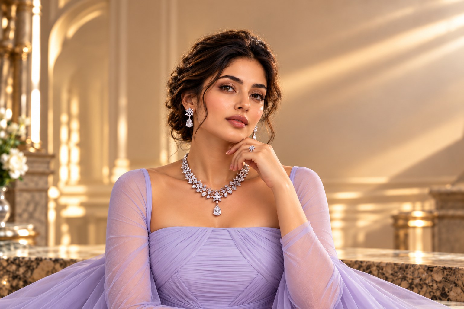 Woman in a lavender gown wearing a diamond necklace and drop earrings