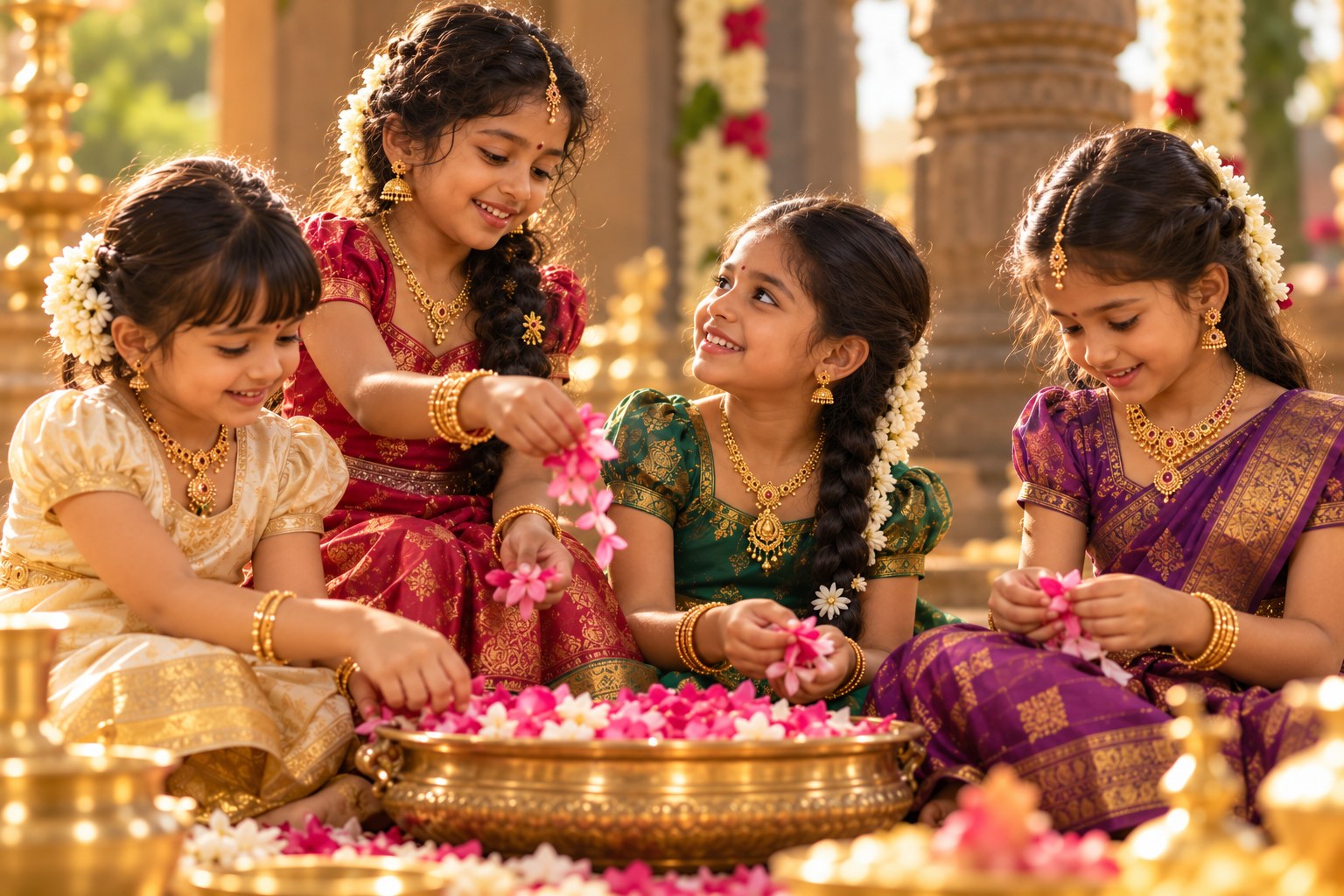 Four smiling girls in silk dresses and gold jewellery sharing flower petals around a brass bowl