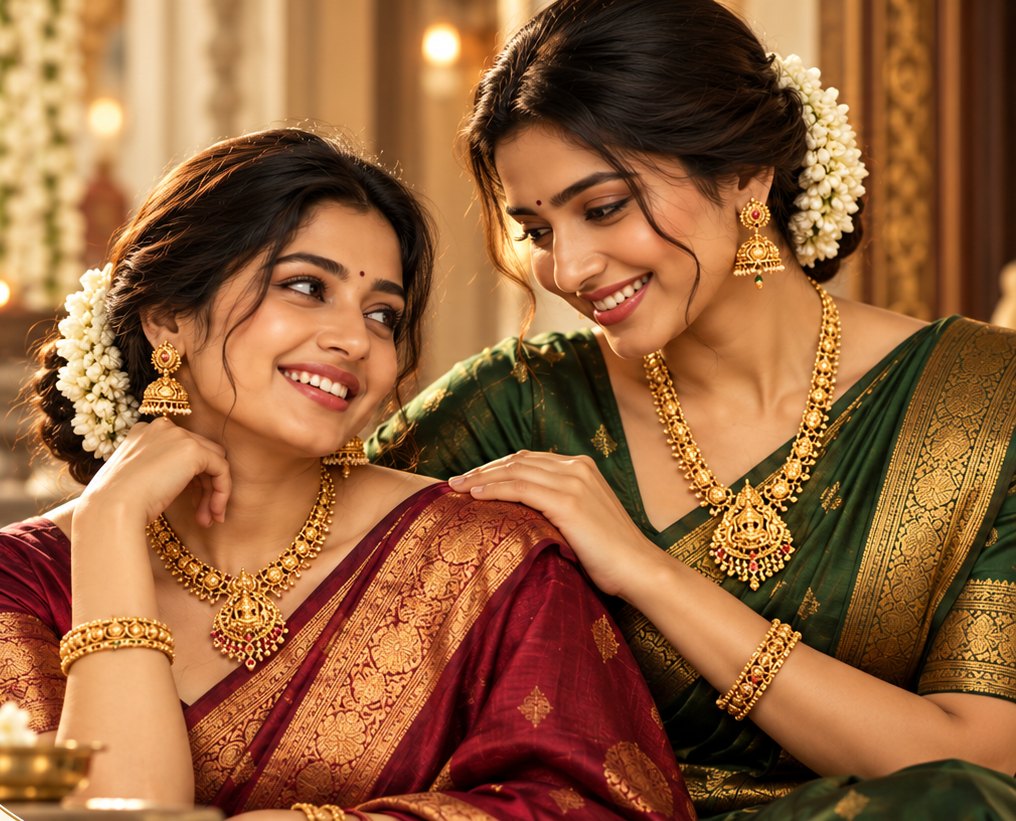 Two smiling women in silk sarees with jasmine in their hair, wearing temple gold necklaces, jhumkas and bangles